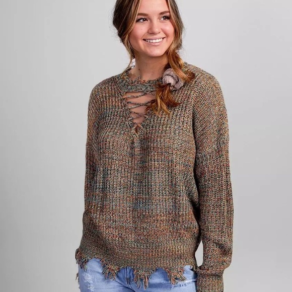 Daytrip Sweaters - Daytrip Buckle Distressed Strappy V-Neck Sweater Multi-Color Knit Boho S Small